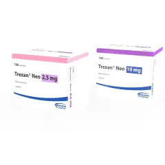 Dwa opakowania leku Trexan Neo (2,5 mg i 10 mg) – ważne przyjmować zgodnie z zaleceniami, by uniknąć skutków ubocznych.