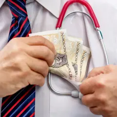 Lekarz w białej koszuli i krawacie chowa banknoty do kieszeni. Czy to odpowiedź na pytanie, ile zarabia pediatra?