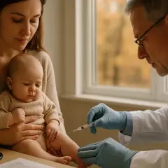 Lekarz podaje szczepienie RSV dziecku trzymanemu przez matkę. To ważny krok w ochronie malucha, podobnie jak szczepienie RSV w ciąży dla ochrony noworodka.