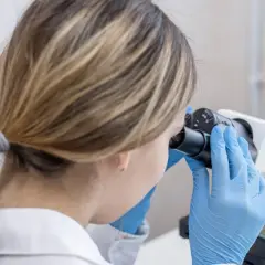 Diagnosta laboratoryjny w niebieskich rękawiczkach bada próbkę pod mikroskopem. Dobra praca to podstawa, a diagnosta laboratoryjny zarobki są adekwatne do odpowiedzialności.