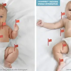 Dwa niemowlęta z czerwonymi flagami oznaczającymi sygnały ostrzegawcze w SMA. Jedno ma 0-6 miesięcy, drugie 7-18 miesięcy.