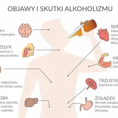 Ilustracja pokazuje skutki nadużywania alkoholu: problemy z mózgiem, sercem, płucami, wątrobą, żołądkiem, mięśniami i trzustką. Odstawienie alkoholu może pomóc w walce z tymi schorzeniami.