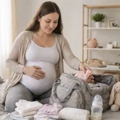 Kobieta w zaawansowanej ciąży pakuje torbę na poród. Na łóżku leżą ubranka dla dziecka, butelka i pluszowy króliczek.