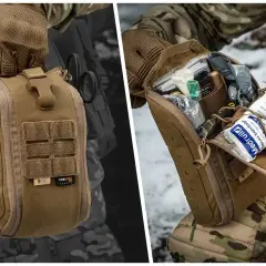 Taktyczna apteczka w kolorze coyote, otwarta, z widocznymi medykamentami i bandażami.