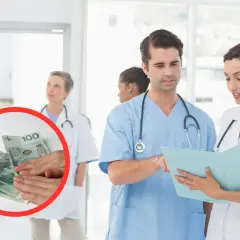 Lekarze dyskutują o tym, ile zarabia analityk medyczny, podczas gdy w tle widać pieniądze.