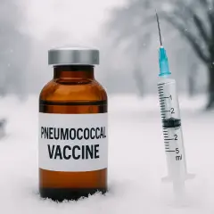 Szczepionka Prevenar w fiolce i strzykawce na śniegu. Zima i ochrona zdrowia.
