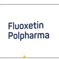 Niebieski napis Fluoxetin Polpharma na białym tle. Mały żółty okrąg na dole.