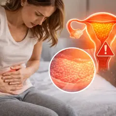 Kobieta z bólem brzucha. Obok grafika macicy, pokazująca co to jest endometrium, z zaznaczonym ostrzeżeniem.