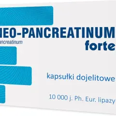 Opakowanie leku Neo-Pancreatinum forte, zawierające 50 kapsułek dojelitowych z pankreatyną.