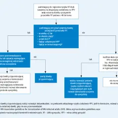 Schemat decyzyjny dotyczący szczepienia przeciwko żółtej gorączce (YF). Określa, kiedy podać dawkę przypominającą, uwzględniając ryzyko zakażenia i przeciwwskazania.