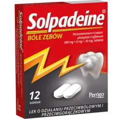 Opakowanie leku Solpadeine na bóle zębów. Zawiera 12 tabletek, które są najsilniejszym lekiem przeciwbólowym.