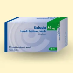 Opakowanie leku Dulsevia 60 mg, zawierające 28 kapsułek dojelitowych, twardych z duloksetyną. Jeden z najskuteczniejszych leków na depresję.