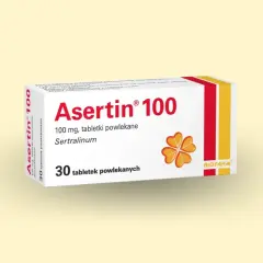 Opakowanie leku Asertin 100 mg, zawierające 30 tabletek powlekanych. Sprawdź aktualną asertin cena.