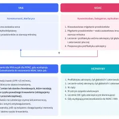 Tabela porównuje leki VKA (np. Warfaryna) i NOAC (np. Rywaroksaban) oraz heparyny. Wskazania dla VKA są jak dla NOAC, gdy występują przeciwwskazania do NOAC, np. niewydolność nerek.