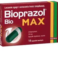 Opakowanie leku Bioprazol Max na zgagę. Zawiera 14 kapsułek z omeprazolem.