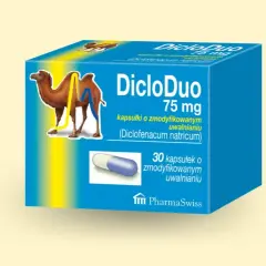 Opakowanie leku DicloDuo 75 mg z wielbłądem. 30 kapsułek o zmodyfikowanym uwalnianiu.