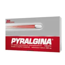 Opakowanie Pyralginy 20 tabletek na silny ból i gorączkę.