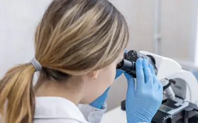 Diagnosta laboratoryjny w niebieskich rękawiczkach bada próbkę pod mikroskopem. Dobra praca to podstawa, a diagnosta laboratoryjny zarobki są adekwatne do odpowiedzialności.