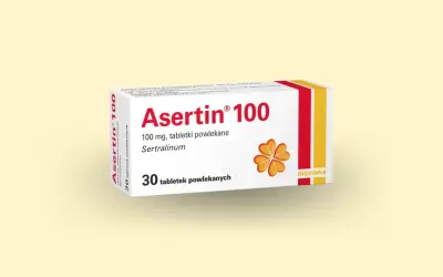 Opakowanie leku Asertin 100 mg, zawierające 30 tabletek powlekanych. Sprawdź aktualną asertin cena.