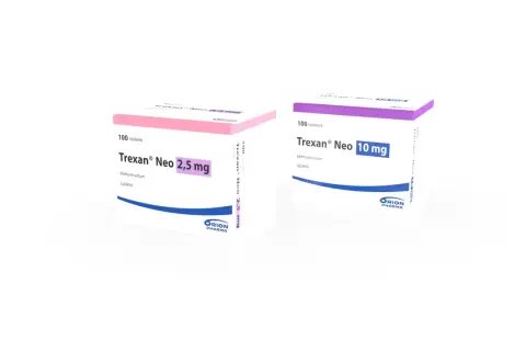 Dwa opakowania leku Trexan Neo (2,5 mg i 10 mg) – ważne przyjmować zgodnie z zaleceniami, by uniknąć skutków ubocznych.