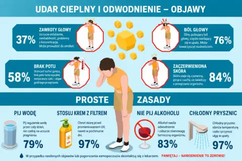 Objawy przegrzania: zawroty głowy, ból głowy, brak potu, zaczerwieniona skóra. Norowirus objawy mogą być podobne. Pij wodę, stosuj krem z filtrem, unikaj alkoholu, bierz chłodne prysznice.