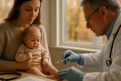 Lekarz podaje szczepienie RSV dziecku trzymanemu przez matkę. To ważny krok w ochronie malucha, podobnie jak szczepienie RSV w ciąży dla ochrony noworodka.