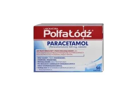 Opakowanie leku Polfa Łódź Paracetamol 500 mg. Pytanie czy paracetamol jest bezpieczny jest kluczowe przy stosowaniu tego leku na bóle i gorączkę.
