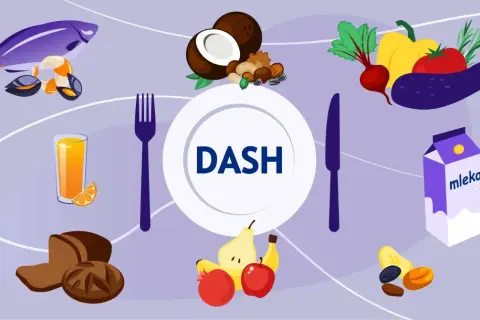 DASH to dieta na nadciśnienie. Na talerzu ryba, warzywa, owoce, pieczywo, oliwa, mleko i jogurt.