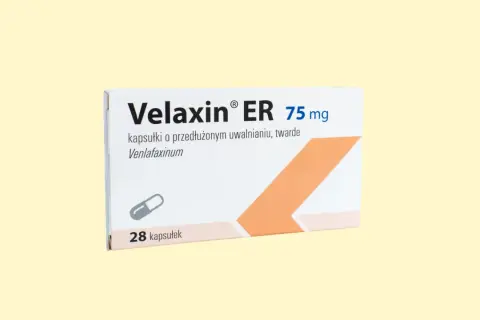 Opakowanie leku Velaxin ER 75 mg, zawierające 28 kapsułek o przedłużonym uwalnianiu z wenlafaksyną.