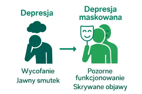 Ilustracja pokazuje przejście od jawnego smutku do depresji maskowanej, gdzie osoba ukrywa swoje cierpienie za uśmiechniętą maską.