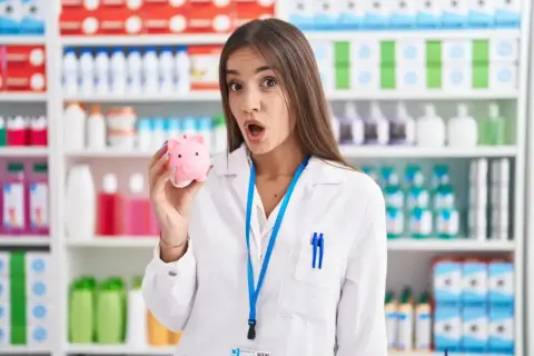 Farmaceutka w białym kitlu trzyma różową skarbonkę świnkę na tle aptecznych półek.
