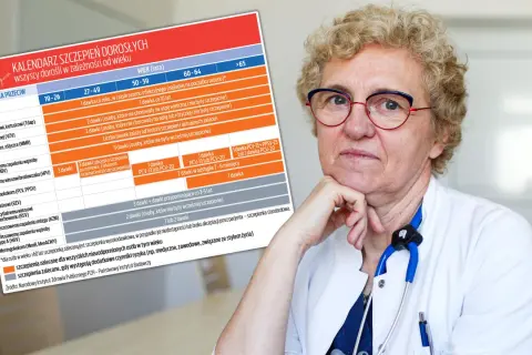 Lekarka z aparatem słuchowym prezentuje kalendarz szczepień dorosłych, uwzględniający szczepienie 18 lat.