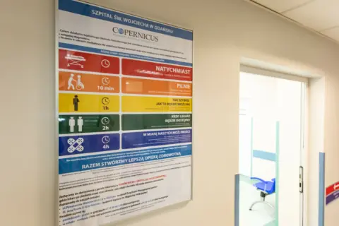 Plakat informuje o zasadach triażu w szpitalu, określając czas reakcji w zależności od stanu pacjenta.