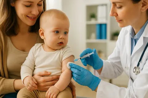 Mama trzyma dziecko, które dostaje szczepienie. Lekarka w rękawiczkach podaje zastrzyk. To ważny krok w ochronie zdrowia, jak Beyfortus.