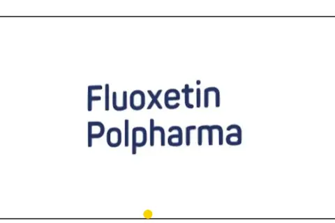 Niebieski napis Fluoxetin Polpharma na białym tle. Mały żółty okrąg na dole.