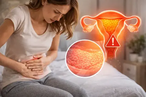 Kobieta z bólem brzucha. Obok grafika macicy, pokazująca co to jest endometrium, z zaznaczonym ostrzeżeniem.