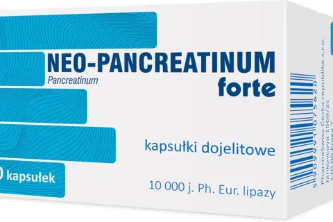 Opakowanie leku Neo-Pancreatinum forte, zawierające 50 kapsułek dojelitowych z pankreatyną.