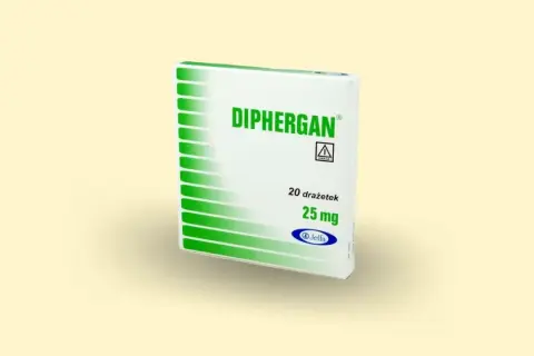 Opakowanie leku Diphergan 25 mg, zawierające 20 drażetek.