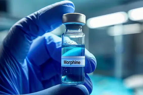 Rękawiczka w niebieskiej rękawiczce trzyma fiolkę z płynem, na której widnieje napis "Morphine".
