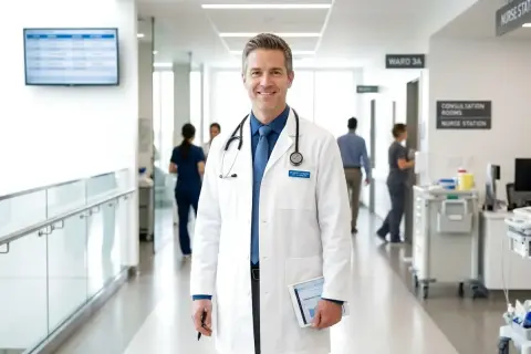 Uśmiechnięty lekarz w białym kitlu z tabliczką "Dr. David Leonardo" trzyma tablet. W tle szpitalny korytarz, gdzie widać personel i tabliczki "Ward 3A", "Consultation Rooms", "Nurse Station". Zastanawiasz się, ile zarabia lekarz?