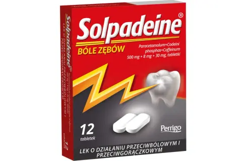 Opakowanie leku Solpadeine na bóle zębów. Zawiera 12 tabletek, które są najsilniejszym lekiem przeciwbólowym.