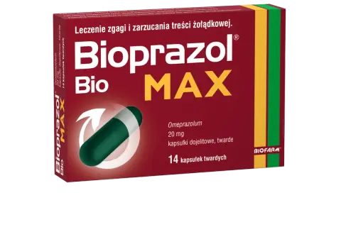Opakowanie leku Bioprazol Max na zgagę. Zawiera 14 kapsułek z omeprazolem.