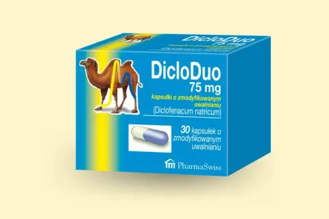 Opakowanie leku DicloDuo 75 mg z wielbłądem. 30 kapsułek o zmodyfikowanym uwalnianiu.