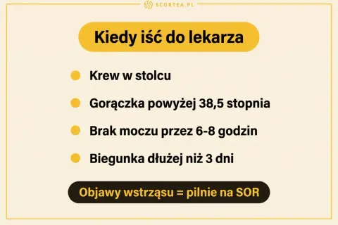 Kiedy iść do lekarza: krew w stolcu, gorączka, brak moczu, biegunka dłużej niż 3 dni. Objawy wstrząsu = pilnie na SOR.