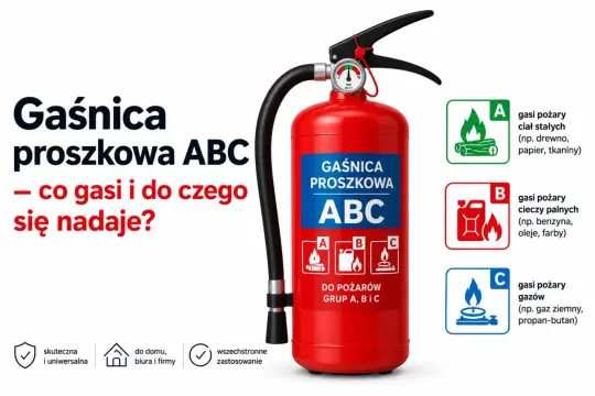 Czerwona gaśnica proszkowa ABC z manometrem, opisująca, jakie pożary gasi (A, B, C) i do czego się nadaje.