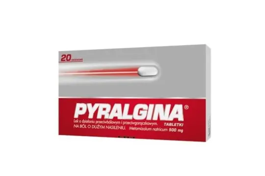 Opakowanie Pyralginy 20 tabletek na silny ból i gorączkę.