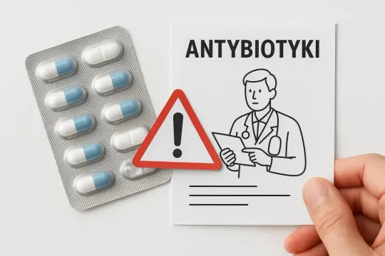 Opakowanie tabletek, znak ostrzegawczy i rysunek lekarza z napisem "ANTYBIOTYKI".