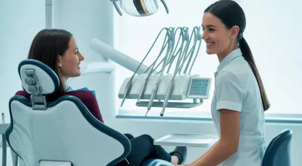Uśmiechnięta higienistka stomatologiczna rozmawia z pacjentką siedzącą na fotelu dentystycznym.