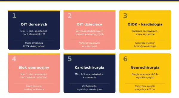 Schemat sześciu oddziałów z obsadą pielęgniarka anestezjologiczna. Obejmuje OIT dorosłych, dziecięcy, OIOK kardiologię, blok operacyjny, kardiochirurgię i neurochirurgię.