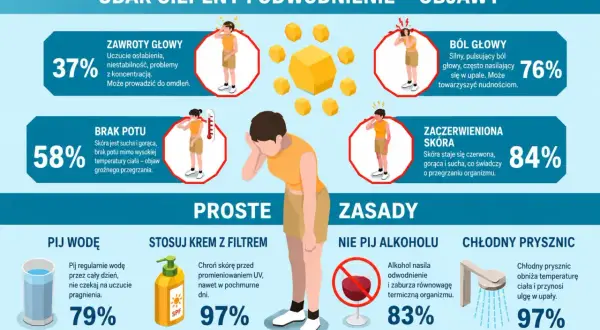 Objawy przegrzania: zawroty głowy, ból głowy, brak potu, zaczerwieniona skóra. Norowirus objawy mogą być podobne. Pij wodę, stosuj krem z filtrem, unikaj alkoholu, bierz chłodne prysznice.